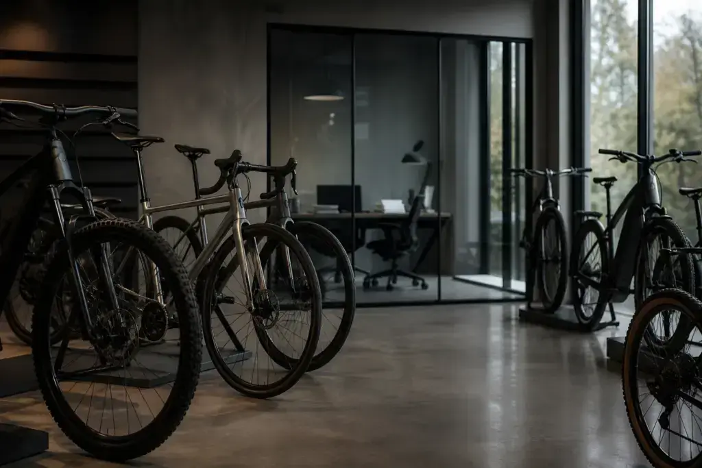 Illustrazione editoriale: biciclette senza marchio in uno showroom contemporaneo