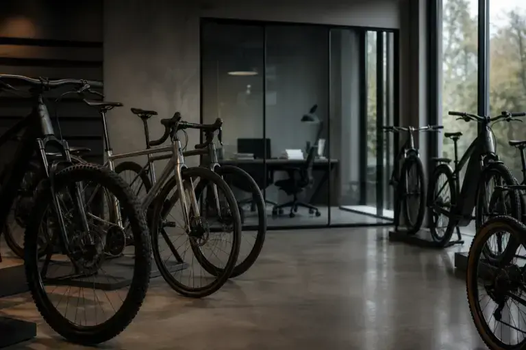 Illustrazione editoriale: biciclette senza marchio in uno showroom contemporaneo