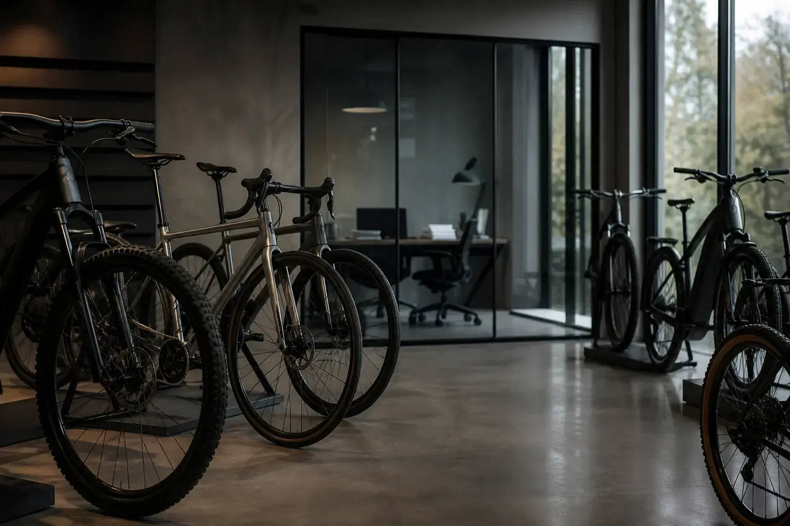 Illustrazione editoriale: biciclette senza marchio in uno showroom contemporaneo