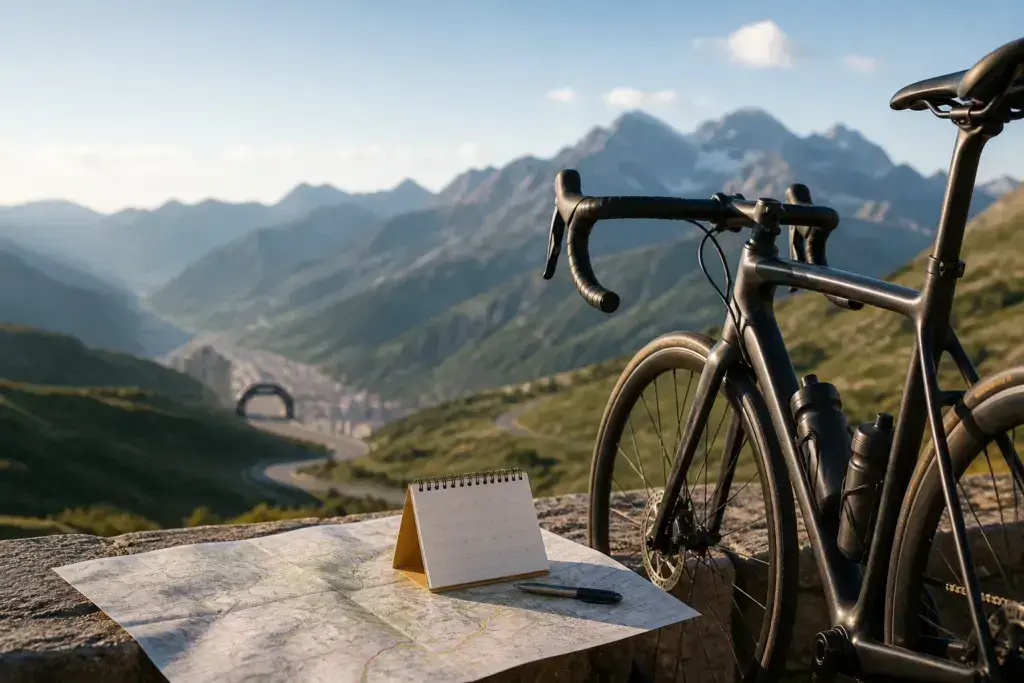 Illustrazione editoriale: bicicletta da strada, mappa e calendario su un passo alpino