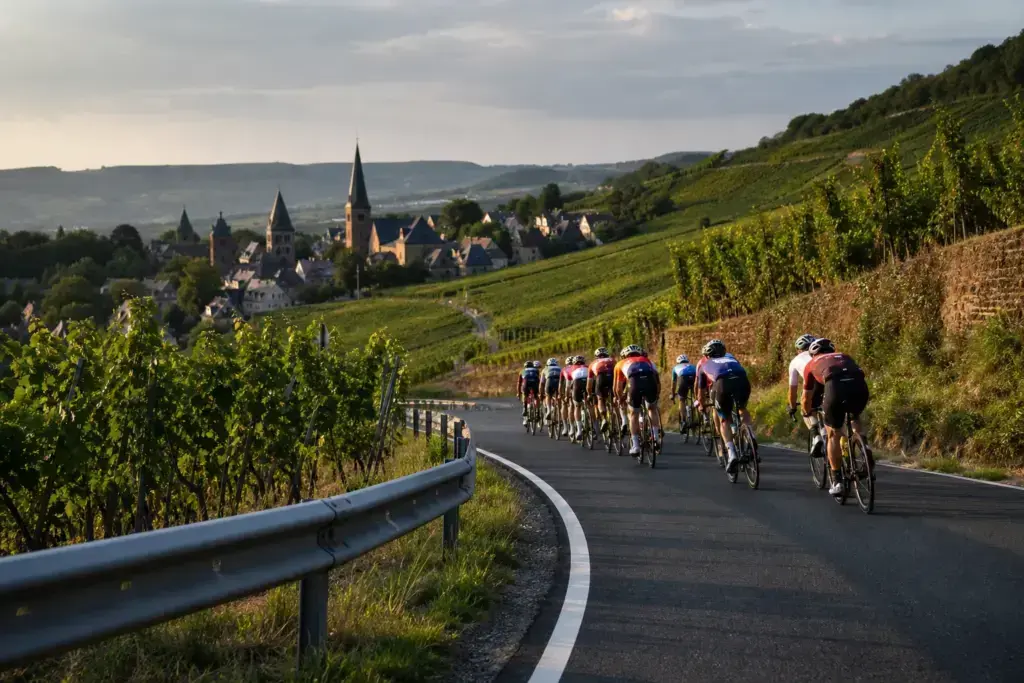 Illustrazione editoriale: gruppo di ciclisti su una strada tra i vigneti tedeschi