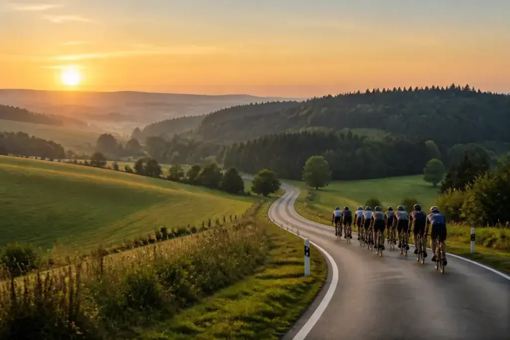 Illustrazione editoriale: gruppo di ciclisti su una strada collinare tedesca al mattino