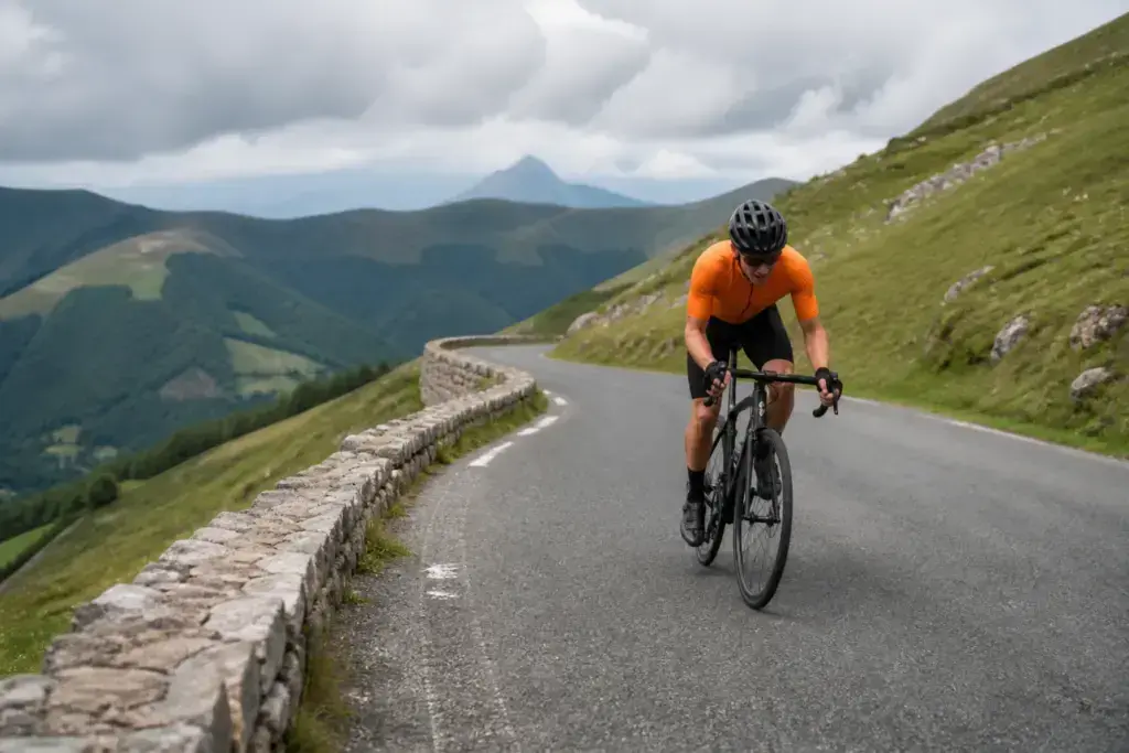 Ciclista in maglia arancione su una salita, illustrazione editoriale sul ritorno di Mikel Landa all Euskaltel-Euskadi