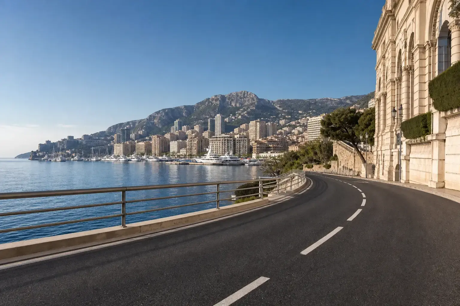 Illustrazione editoriale del lungomare di Monaco per la tappa 1 della Vuelta a España 2026