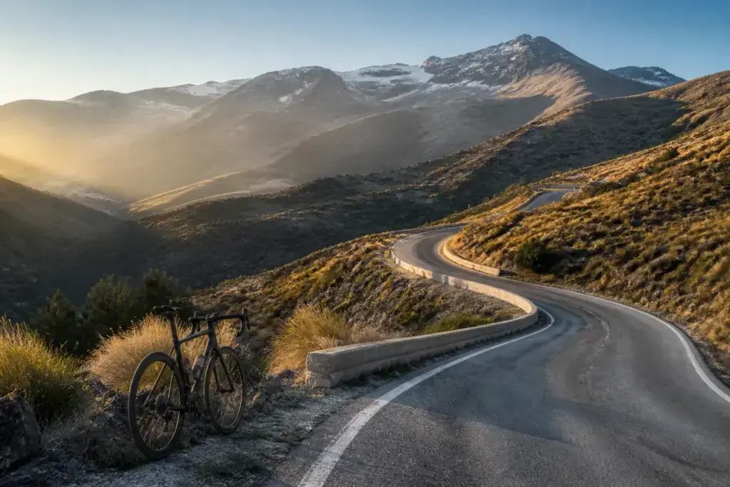 Illustrazione editoriale: strada di montagna e bicicletta nella Sierra Nevada