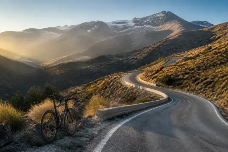 Illustrazione editoriale: strada di montagna e bicicletta nella Sierra Nevada