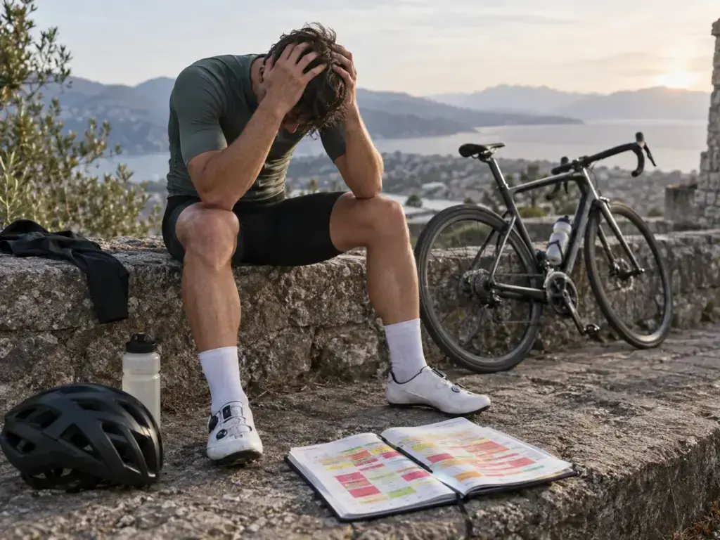 Illustrazione editoriale per Sovraccarico nel ciclismo: segnali e come correggere la settimana