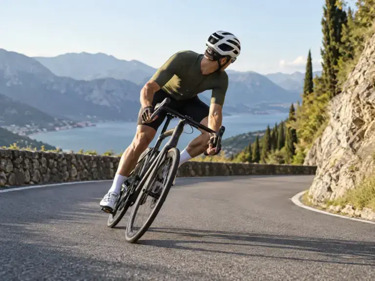 Illustrazione editoriale per Tecnica di discesa in bici: frenata, traiettorie e sicurezza