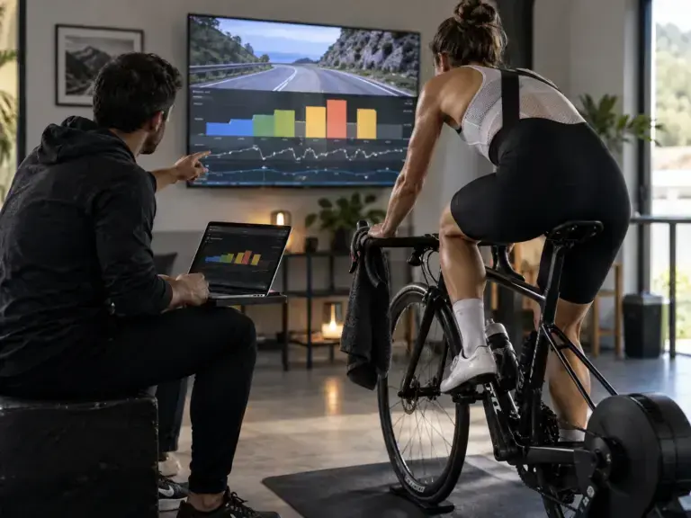 Illustrazione editoriale per TrainingPeaks Virtual: quando il workout del coach entra direttamente nei rulli