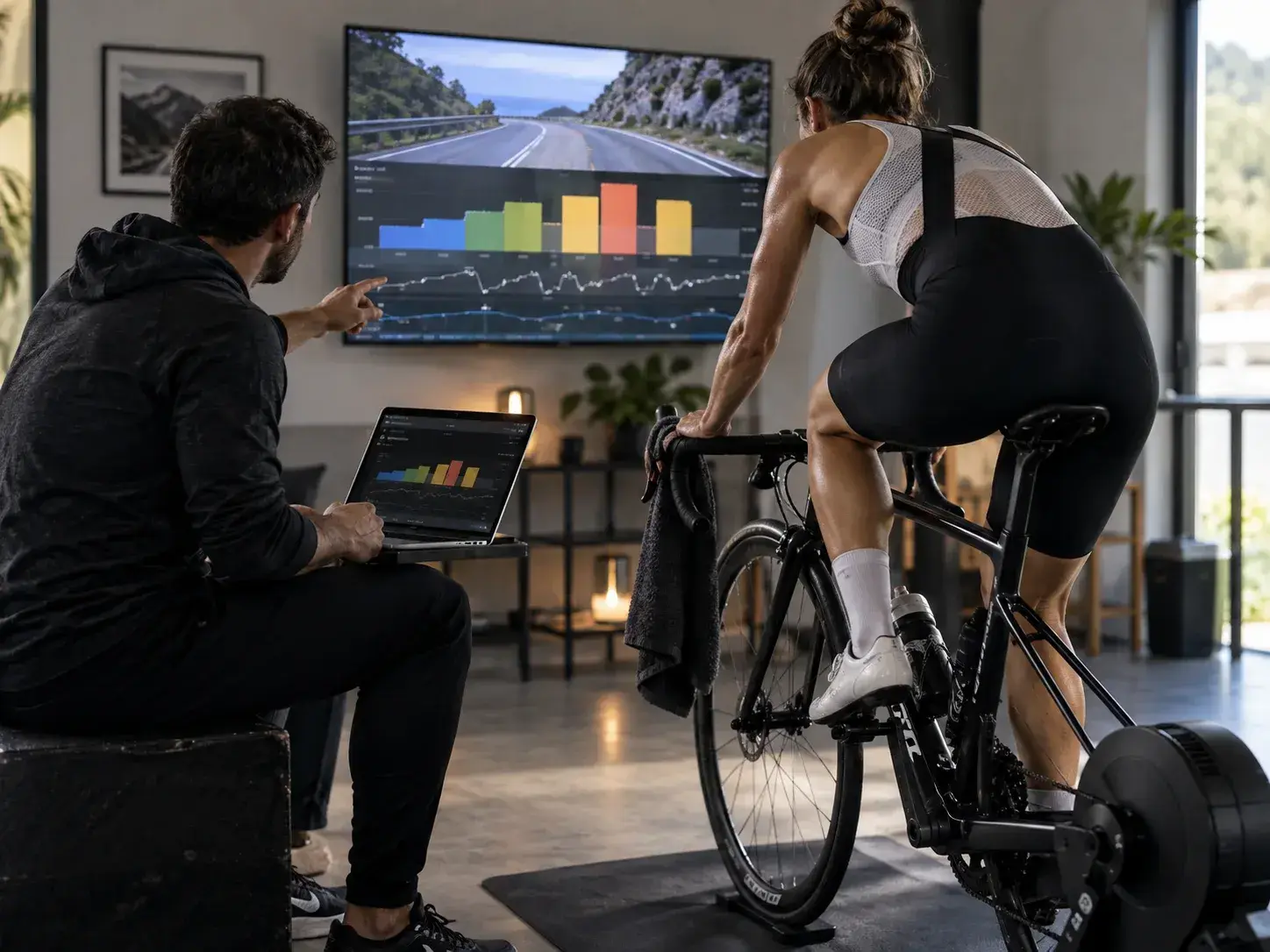 Illustrazione editoriale per TrainingPeaks Virtual: quando il workout del coach entra direttamente nei rulli