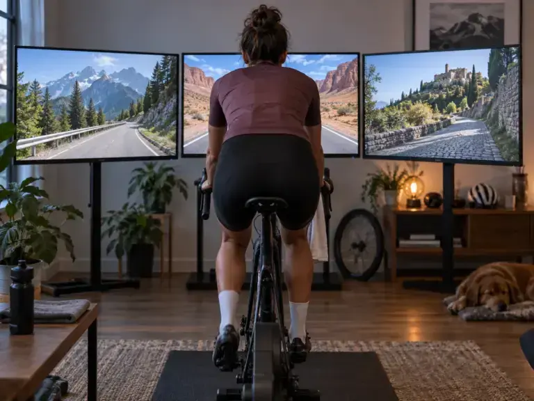 Illustrazione editoriale per Zwift vs Rouvy vs MyWhoosh 2026: prezzi, differenze e quale scegliere