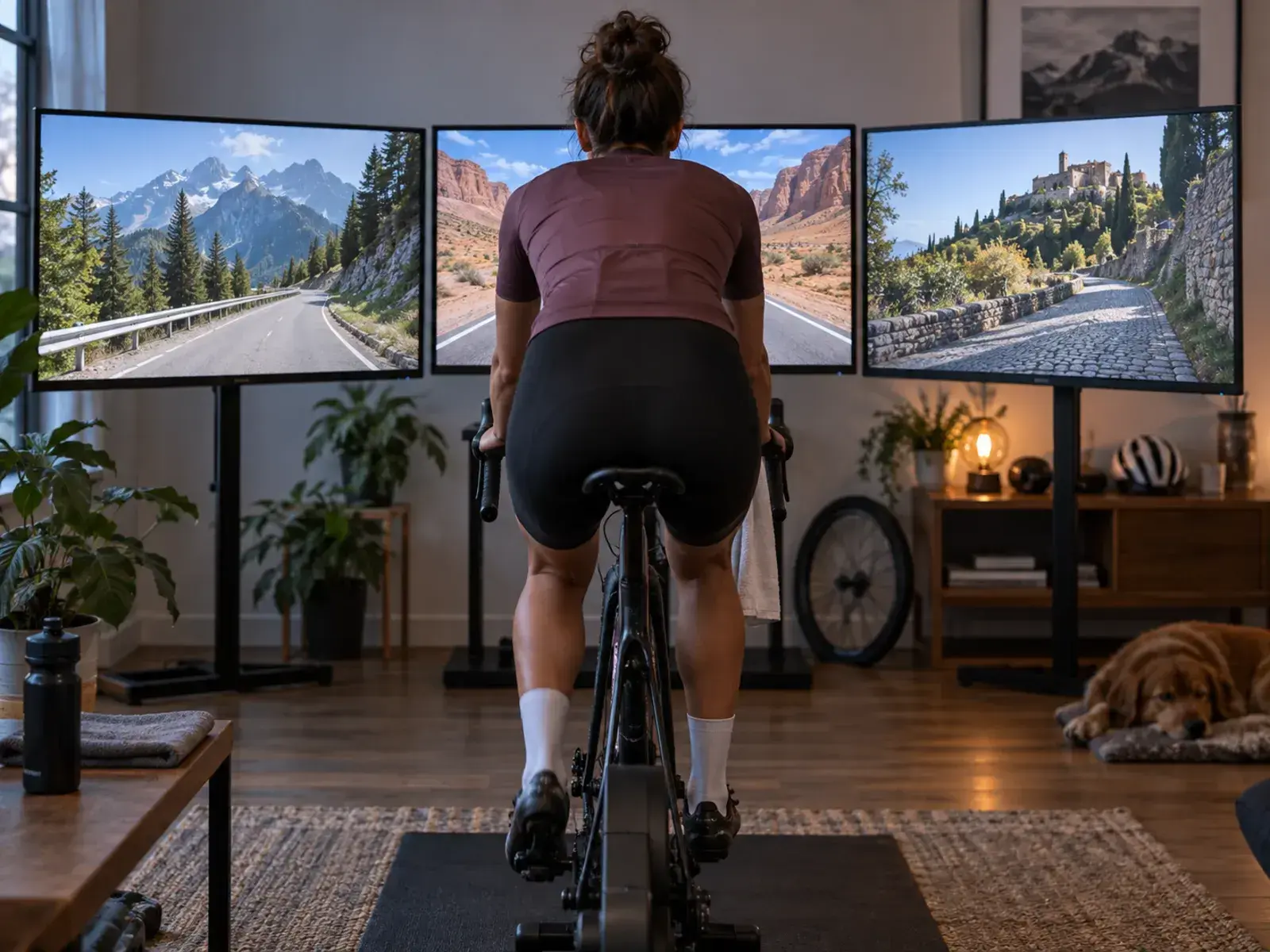 Illustrazione editoriale per Zwift vs Rouvy vs MyWhoosh 2026: prezzi, differenze e quale scegliere