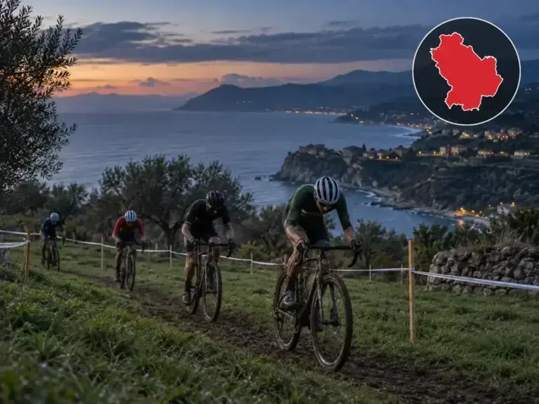 Illustrazione editoriale delle gare ciclistiche in Basilicata a ottobre 2026