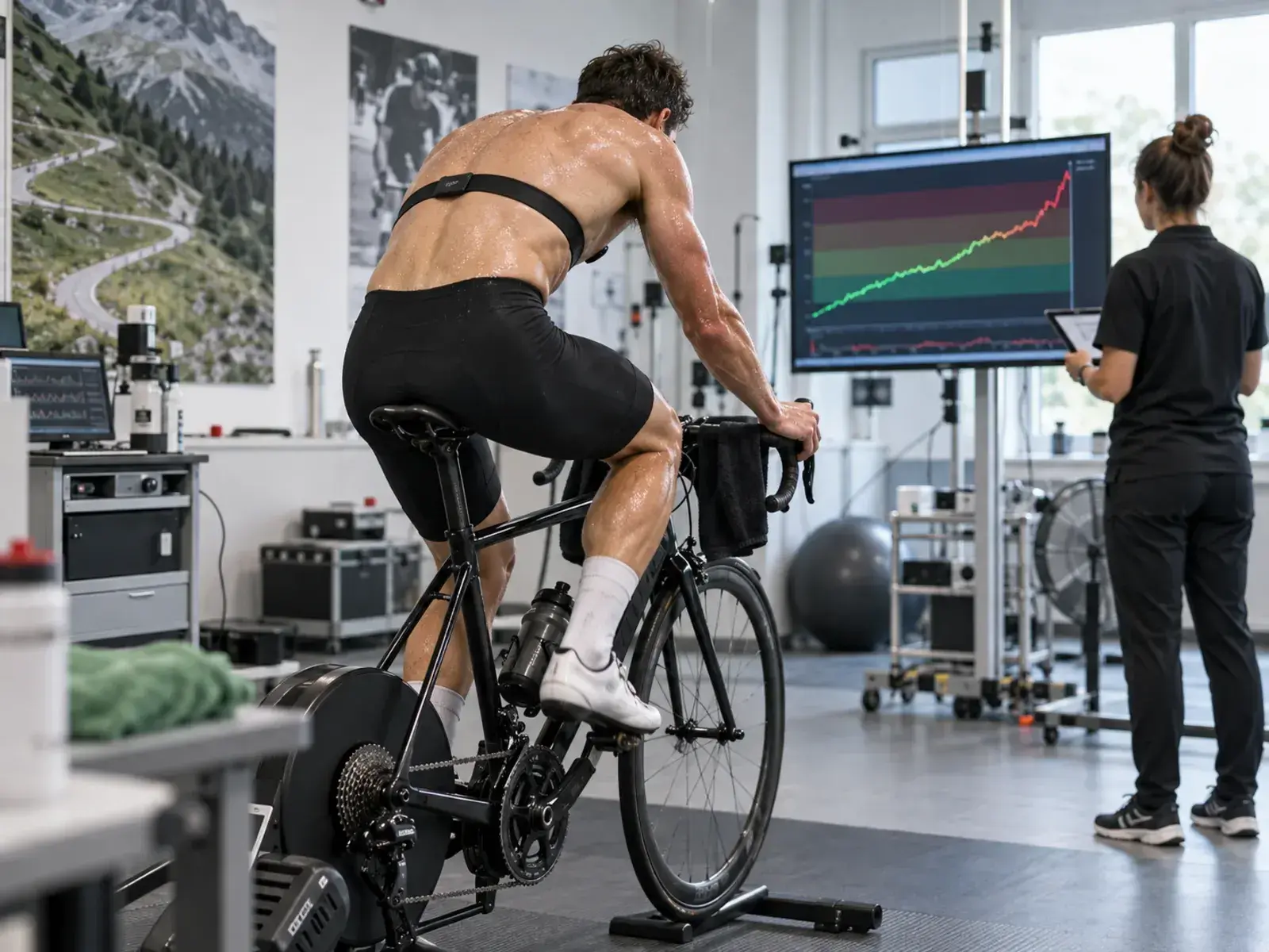 Illustrazione editoriale di un ciclista durante un test FCmax con fascia cardio