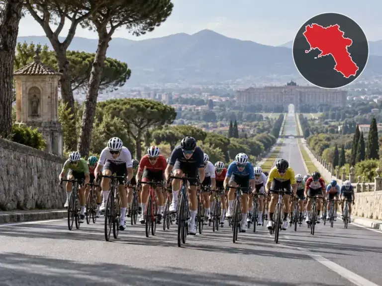 Illustrazione editoriale delle gare ciclistiche in Campania a ottobre 2026