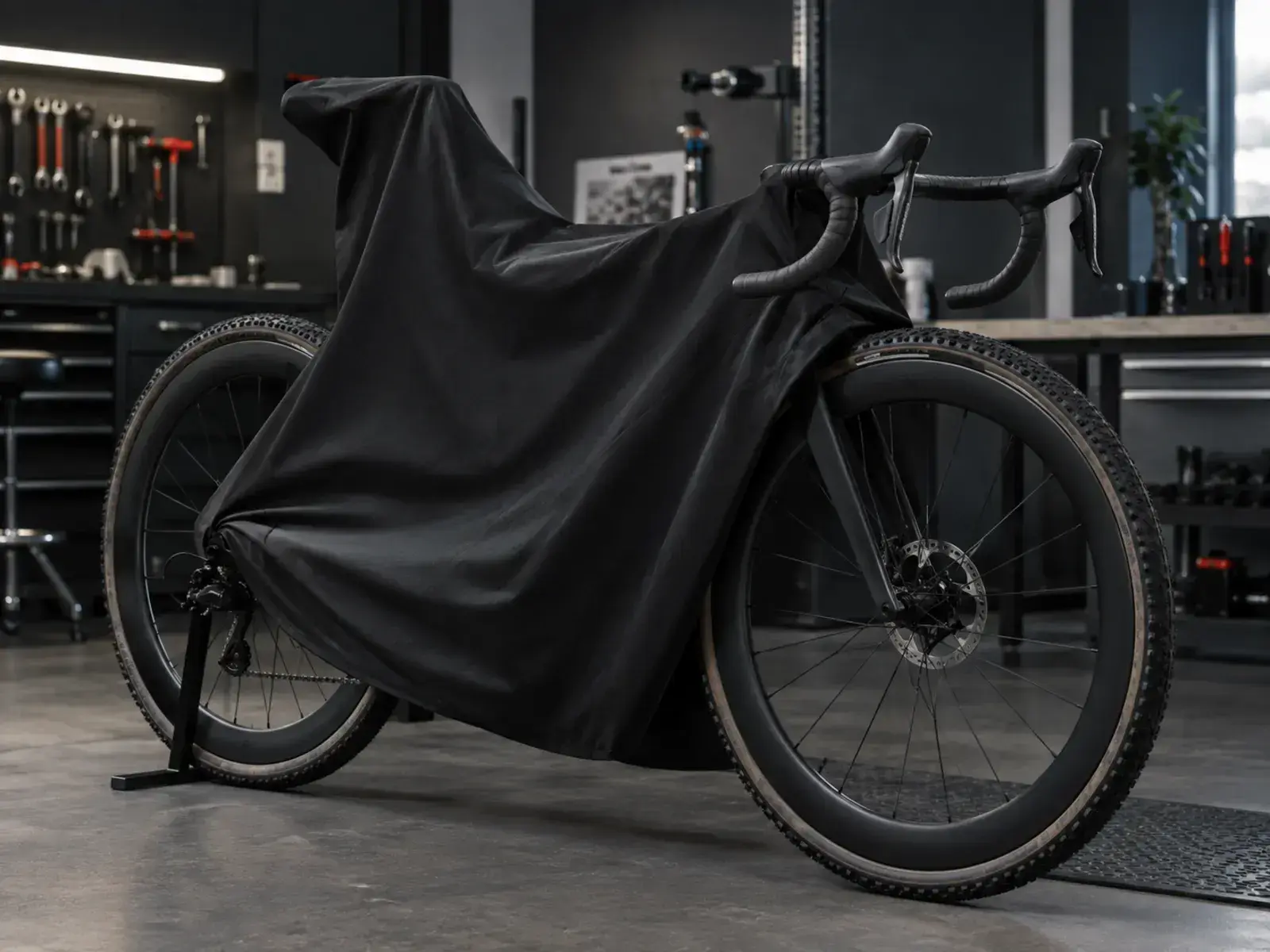 Illustrazione editoriale di una nuova bici gravel coperta prima della presentazione