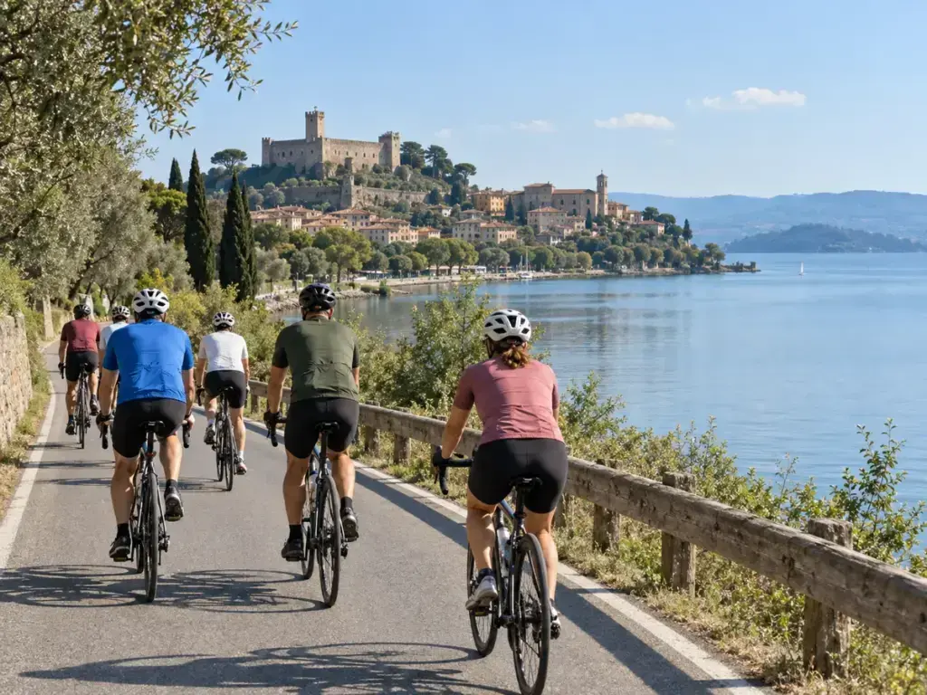 Illustrazione editoriale di cicloturisti lungo il Lago Trasimeno