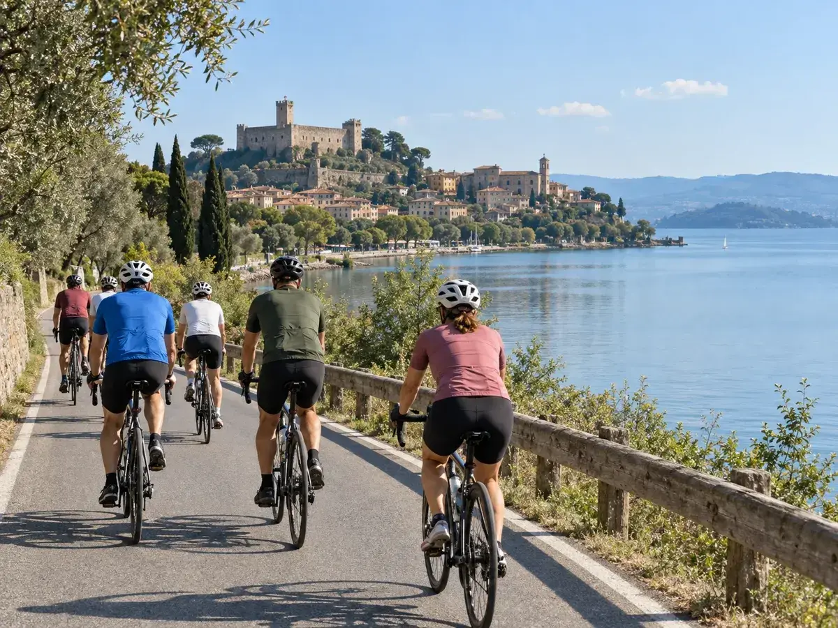 Illustrazione editoriale di cicloturisti lungo il Lago Trasimeno
