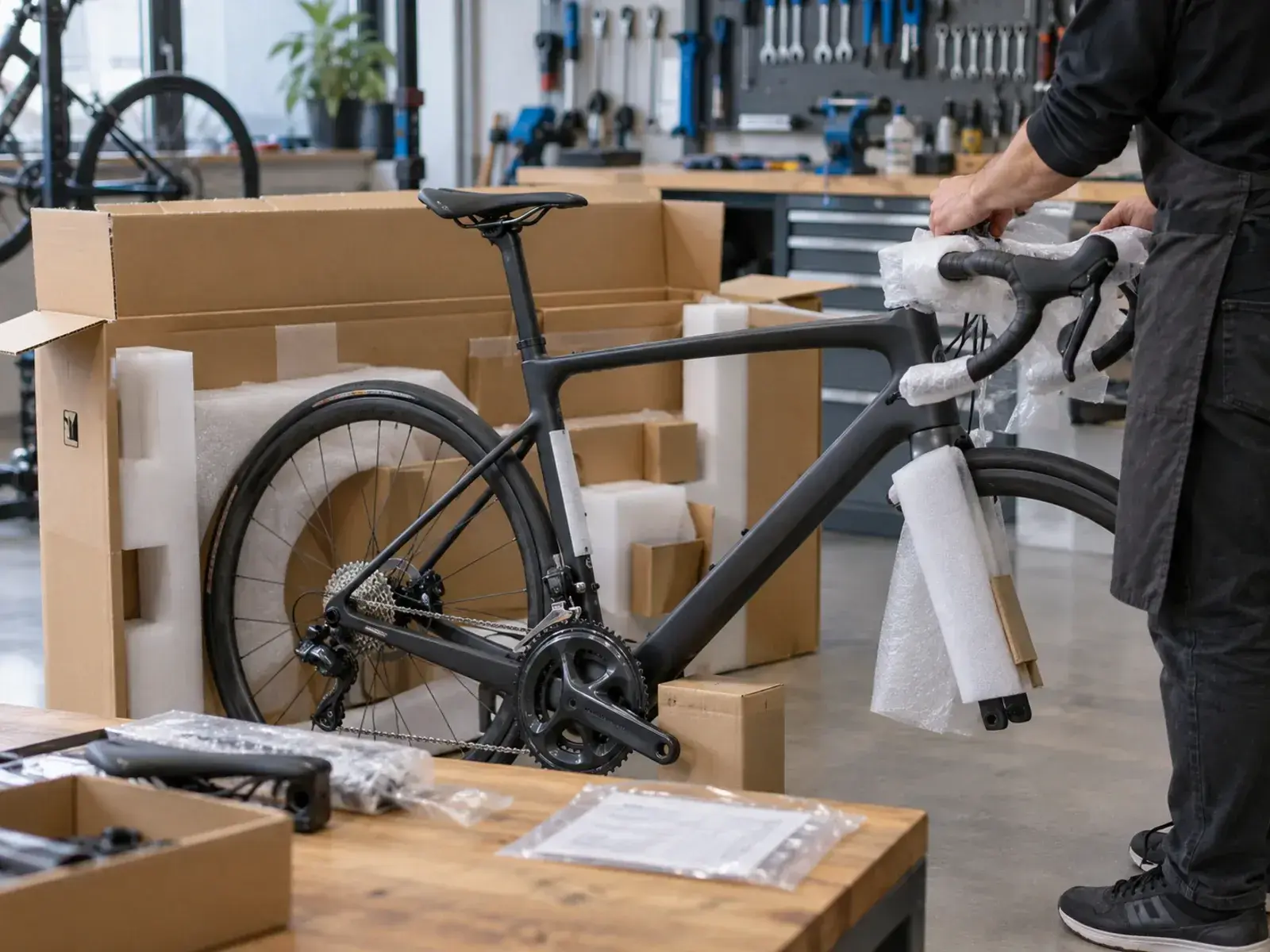 Illustrazione editoriale: Bici da corsa in carbonio estratta dall’imballaggio in un’officina europea