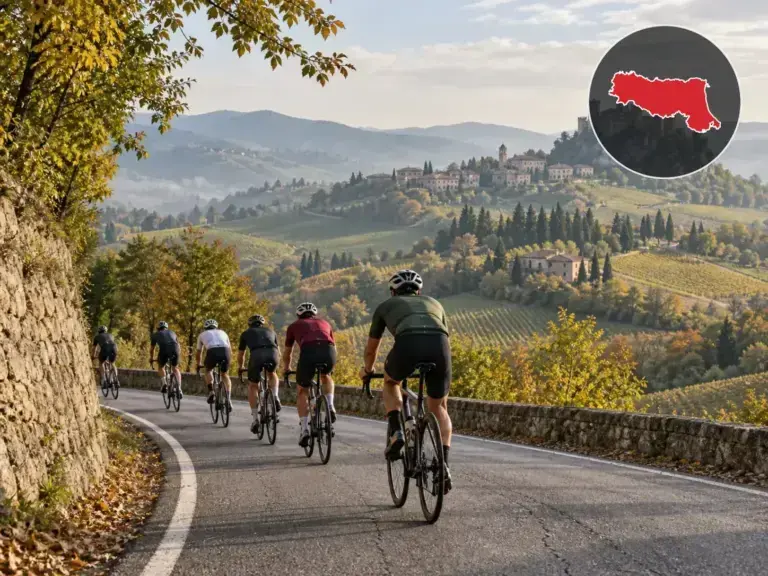 Illustrazione editoriale delle gare ciclistiche in Emilia-Romagna a ottobre 2026