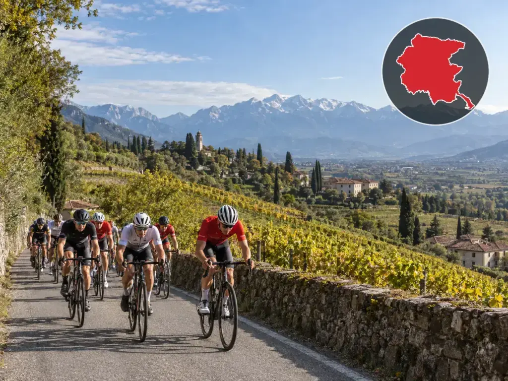 Illustrazione editoriale delle gare ciclistiche in Friuli-Venezia Giulia a ottobre 2026