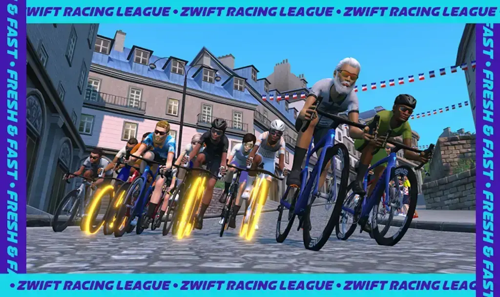 Un gruppo di ciclisti virtuali durante una gara della Zwift Racing League