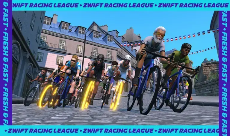 Un gruppo di ciclisti virtuali durante una gara della Zwift Racing League