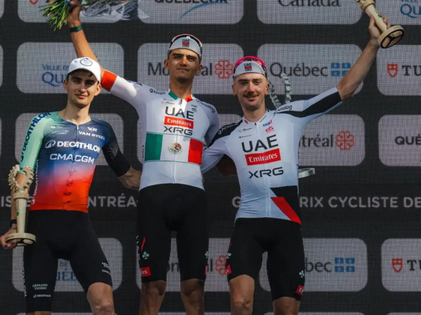 Isaac Del Toro vincitore del GP Montréal 2026 con Seixas e McNulty sul podio