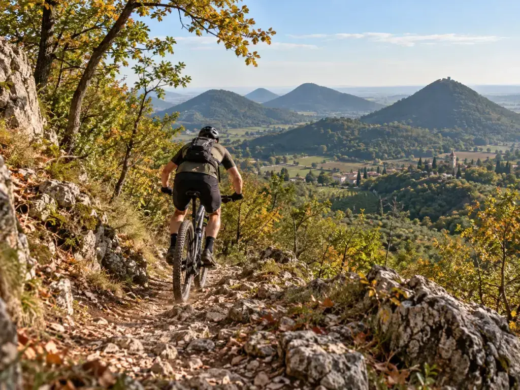 Illustrazione editoriale: Granfondo Spaccapria 2026: illustrazione editoriale MTB nei Colli Euganei