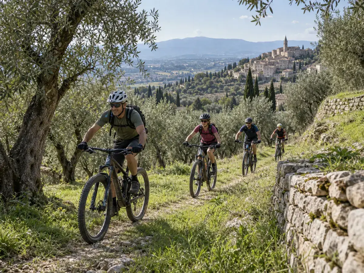 Illustrazione editoriale di mountain biker negli oliveti di Trevi