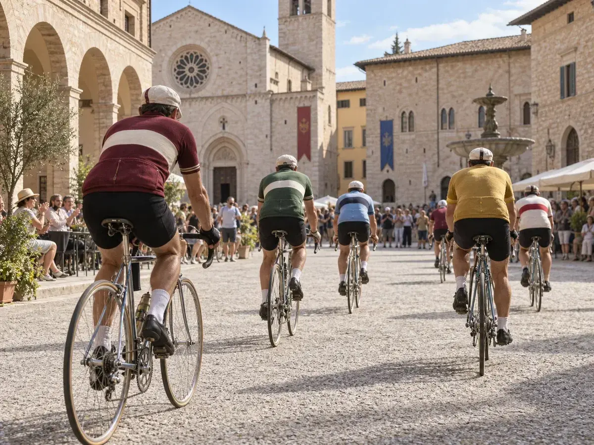 Illustrazione editoriale di ciclisti su biciclette d’epoca a Foligno