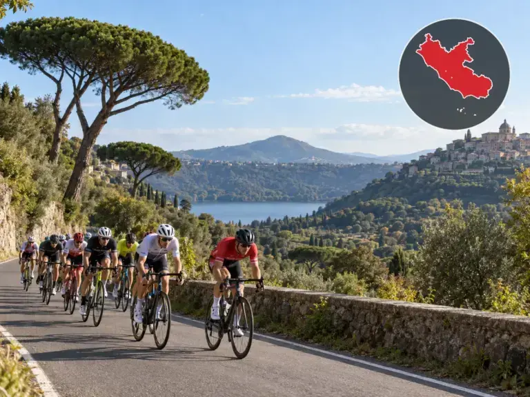 Illustrazione editoriale delle gare ciclistiche in Lazio a ottobre 2026