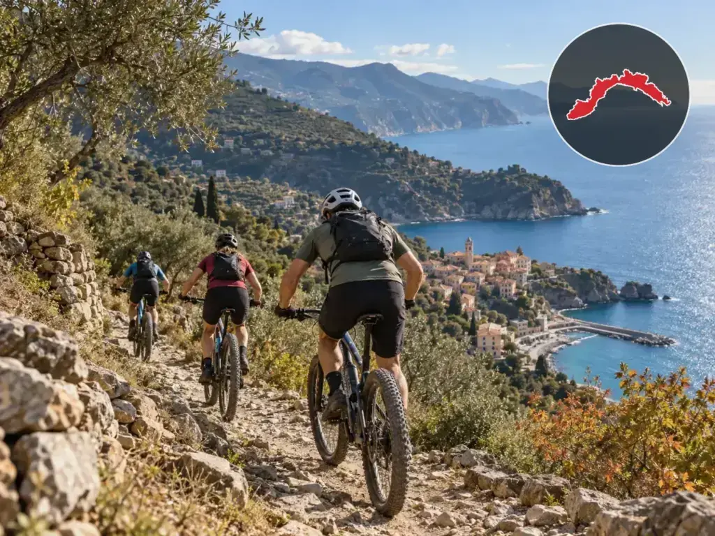 Illustrazione editoriale delle gare ciclistiche in Liguria a ottobre 2026