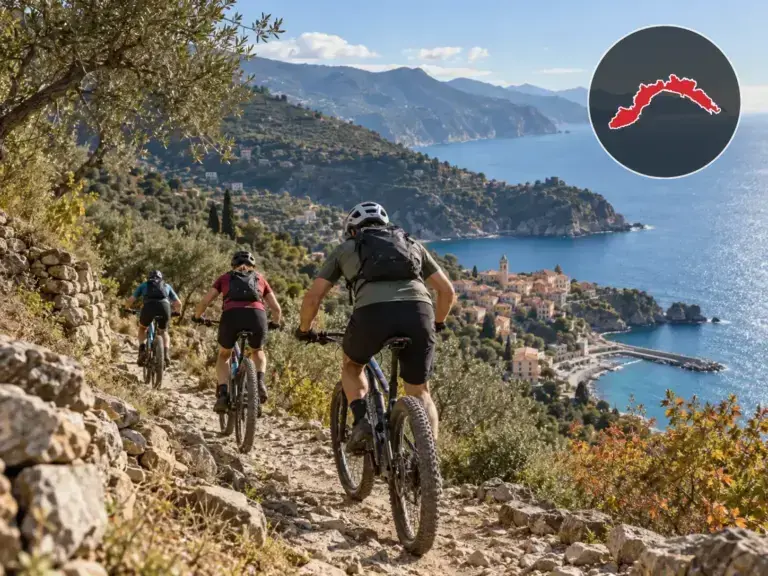 Illustrazione editoriale delle gare ciclistiche in Liguria a ottobre 2026