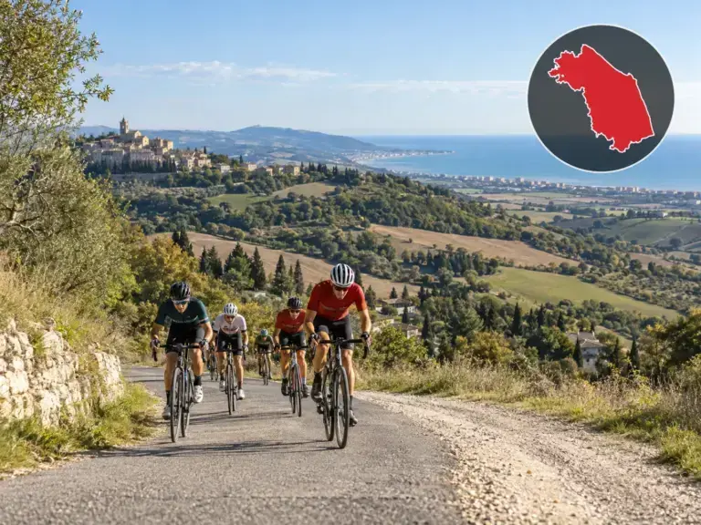 Illustrazione editoriale delle gare ciclistiche in Marche a ottobre 2026