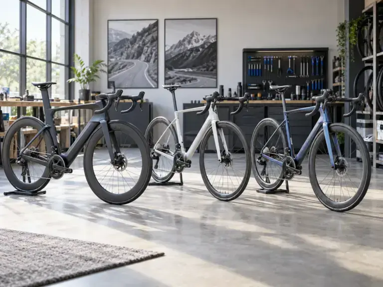 Illustrazione editoriale: Tre bici da corsa in carbonio che rappresentano le principali categorie del mercato cinese 2026