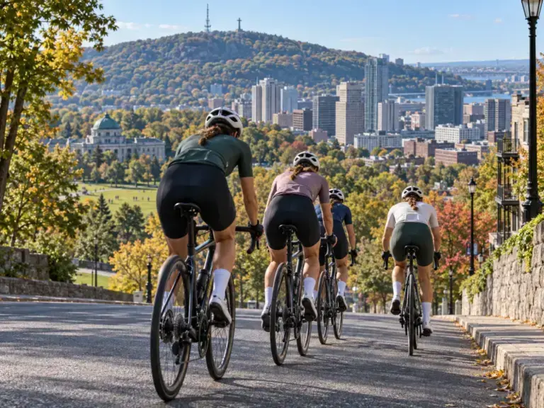 Illustrazione editoriale di cicliste anonime in un contesto urbano ispirato a Montréal, non fotografia della gara