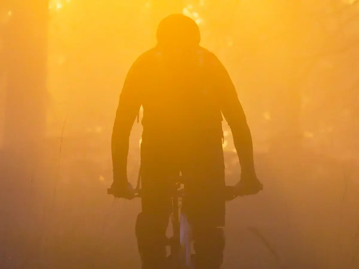 Ciclista lungo un sentiero boschivo della Ciclovia MOTA