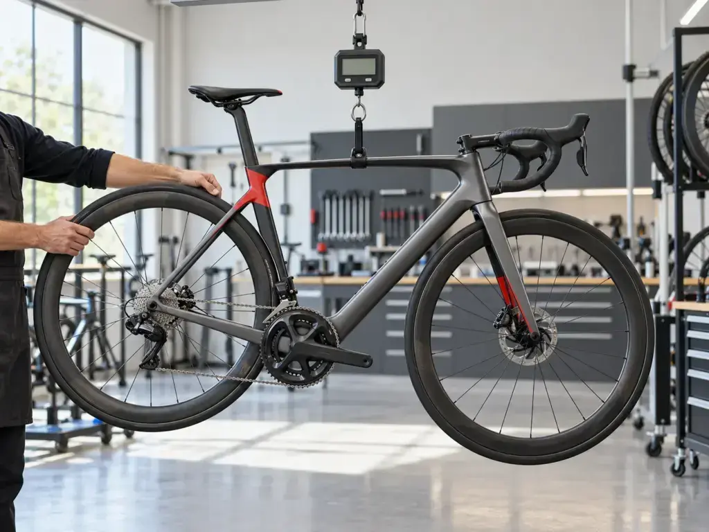Illustrazione editoriale di una bici da corsa sospesa a una bilancia in officina