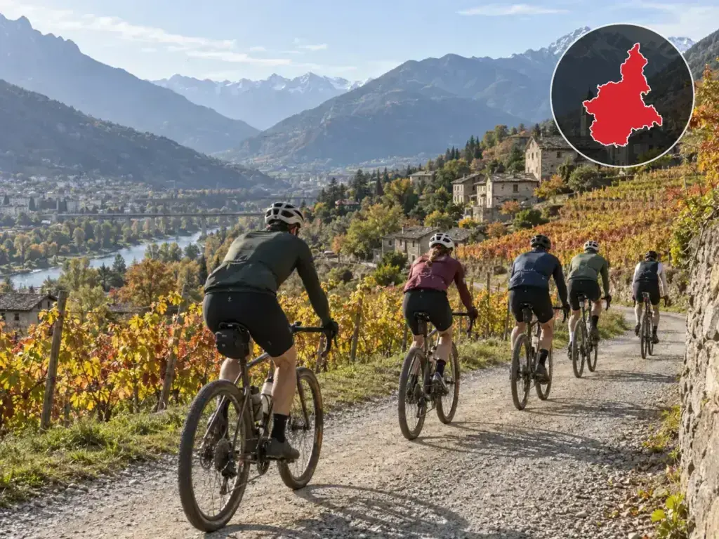 Illustrazione editoriale delle gare ciclistiche in Piemonte a ottobre 2026
