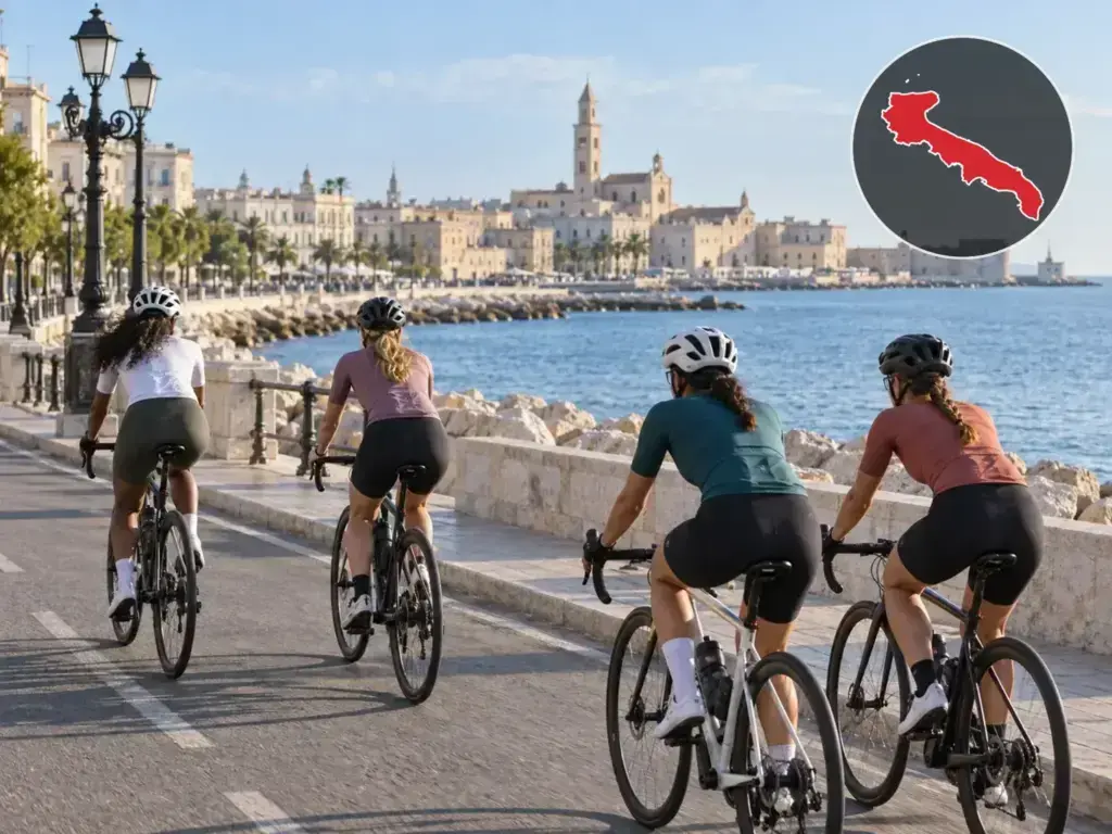 Illustrazione editoriale delle gare ciclistiche in Puglia a ottobre 2026