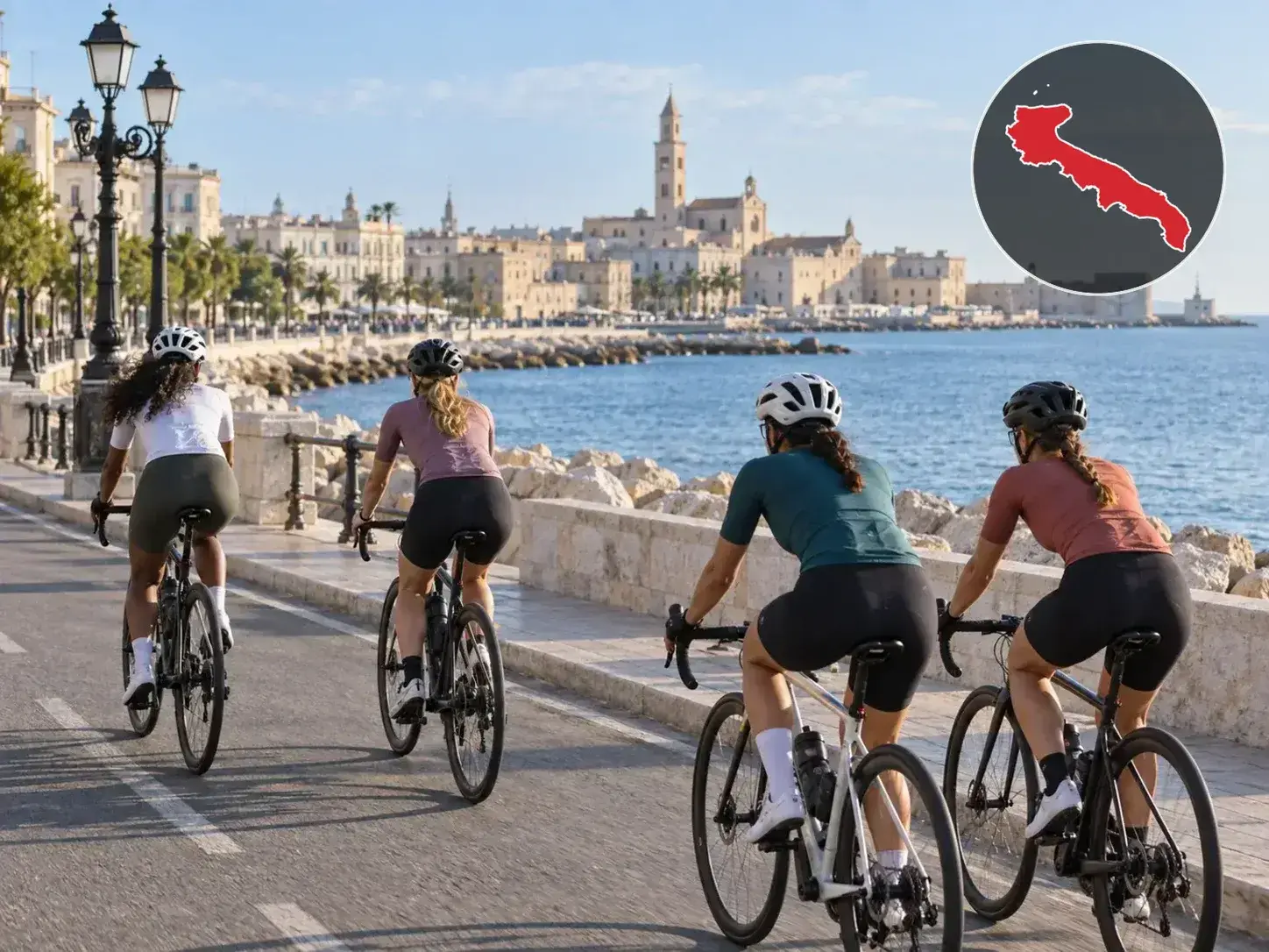 Illustrazione editoriale delle gare ciclistiche in Puglia a ottobre 2026