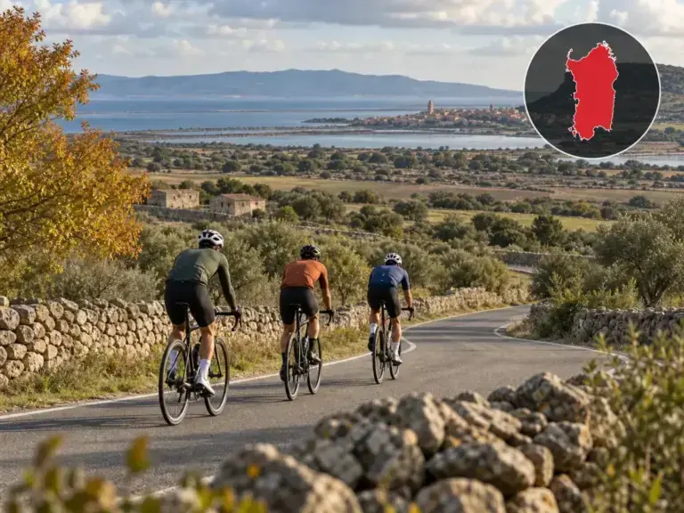Illustrazione editoriale delle gare ciclistiche in Sardegna a ottobre 2026