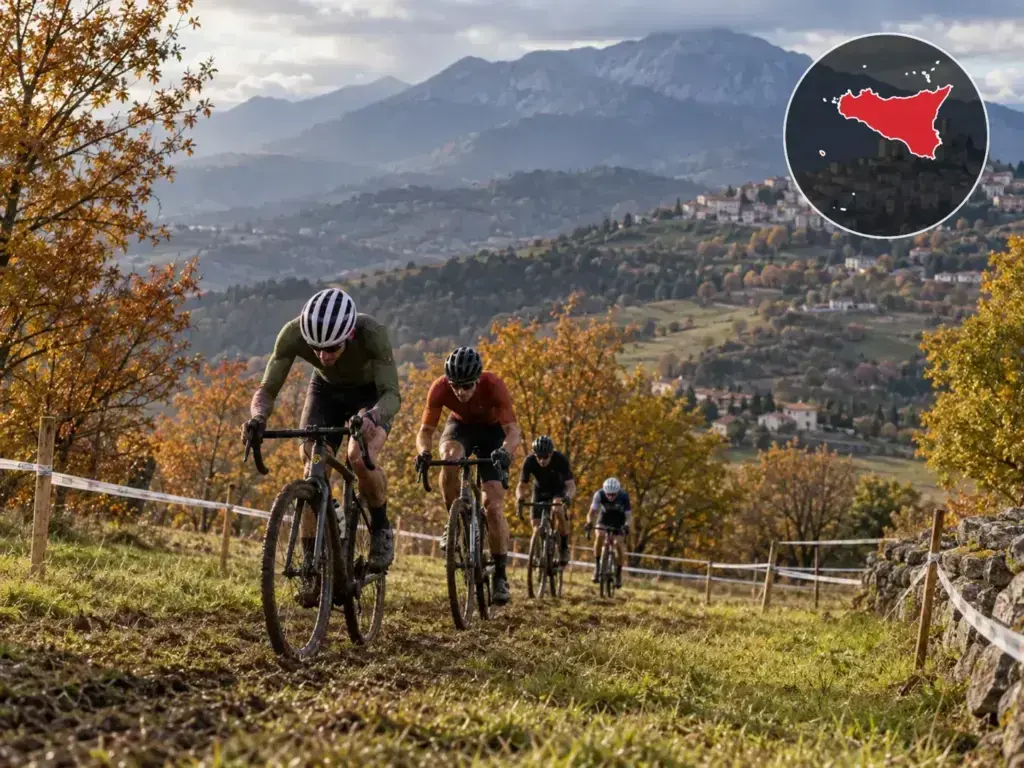 Illustrazione editoriale delle gare ciclistiche in Sicilia a ottobre 2026