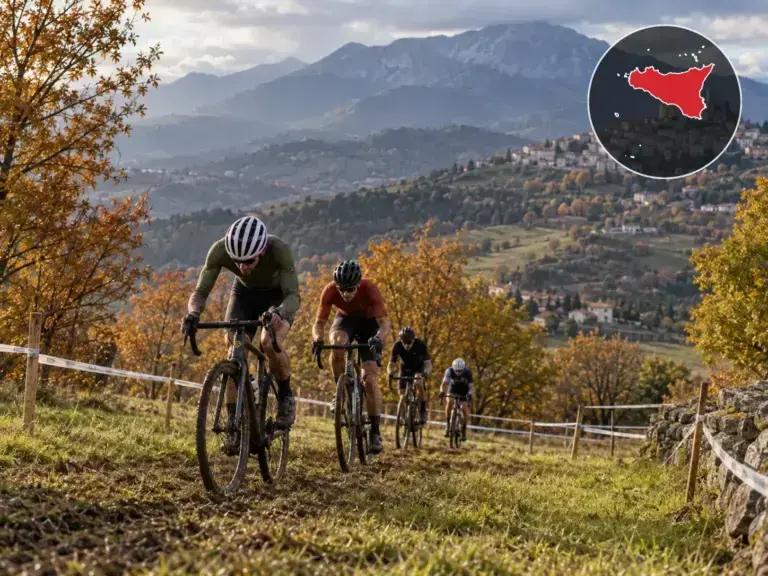 Illustrazione editoriale delle gare ciclistiche in Sicilia a ottobre 2026