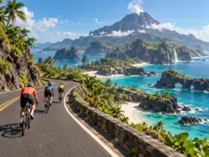 Illustrazione editoriale di un mondo ciclistico virtuale tropicale, non uno screenshot di Watopia