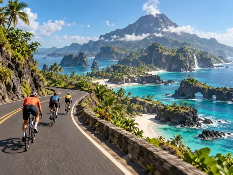 Illustrazione editoriale di un mondo ciclistico virtuale tropicale, non uno screenshot di Watopia