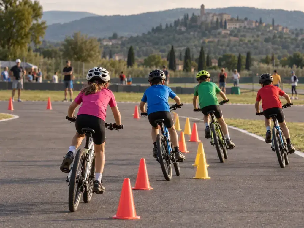 Illustrazione editoriale di giovani ciclisti in una prova di abilità