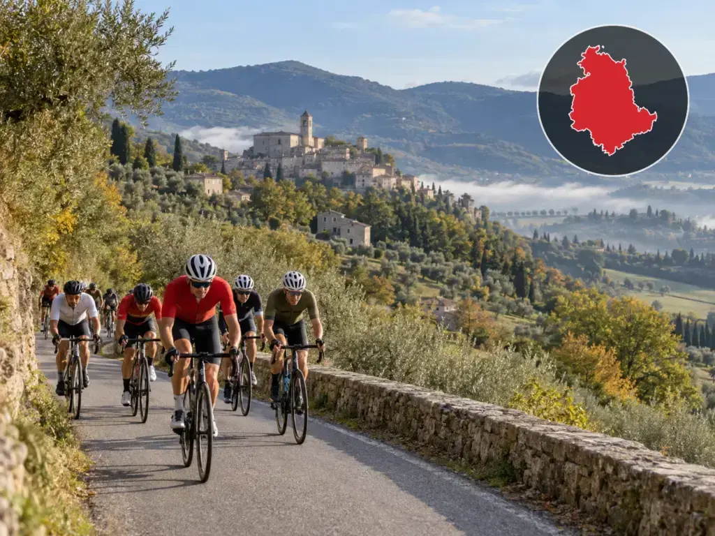 Illustrazione editoriale delle gare ciclistiche in Umbria a ottobre 2026