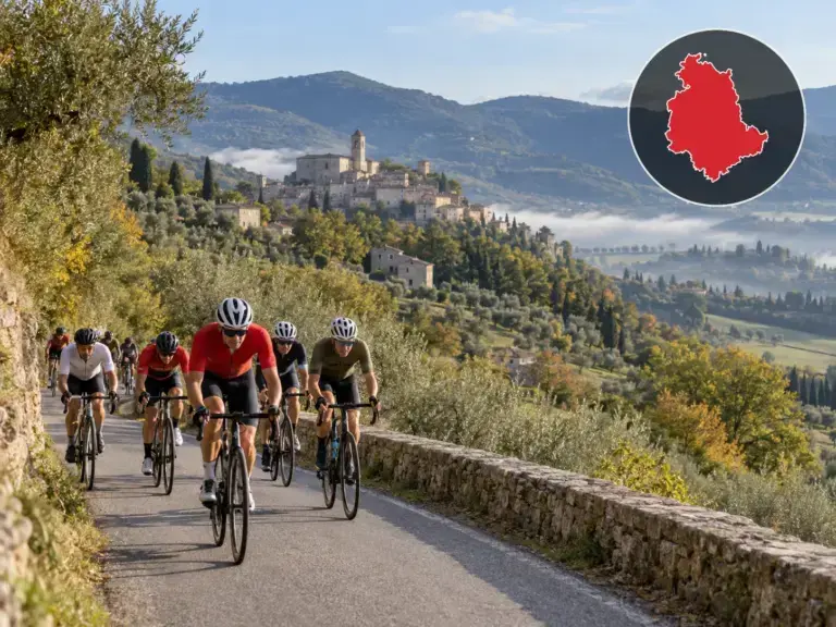 Illustrazione editoriale delle gare ciclistiche in Umbria a ottobre 2026